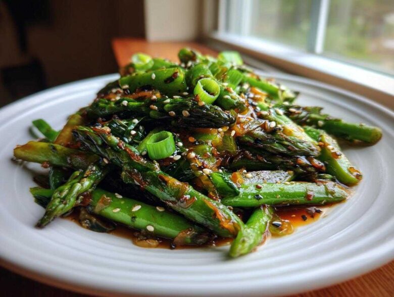 Close-up of Vegan Spring Vegetable Stir Fry with Ginger featuring glossy asparagus spears and scallions topped with sesame seeds.