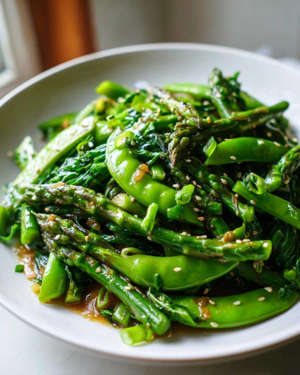Close-up of a bright green Vegan Spring Vegetable Stir Fry featuring asparagus and snow peas, topped with sesame seeds.