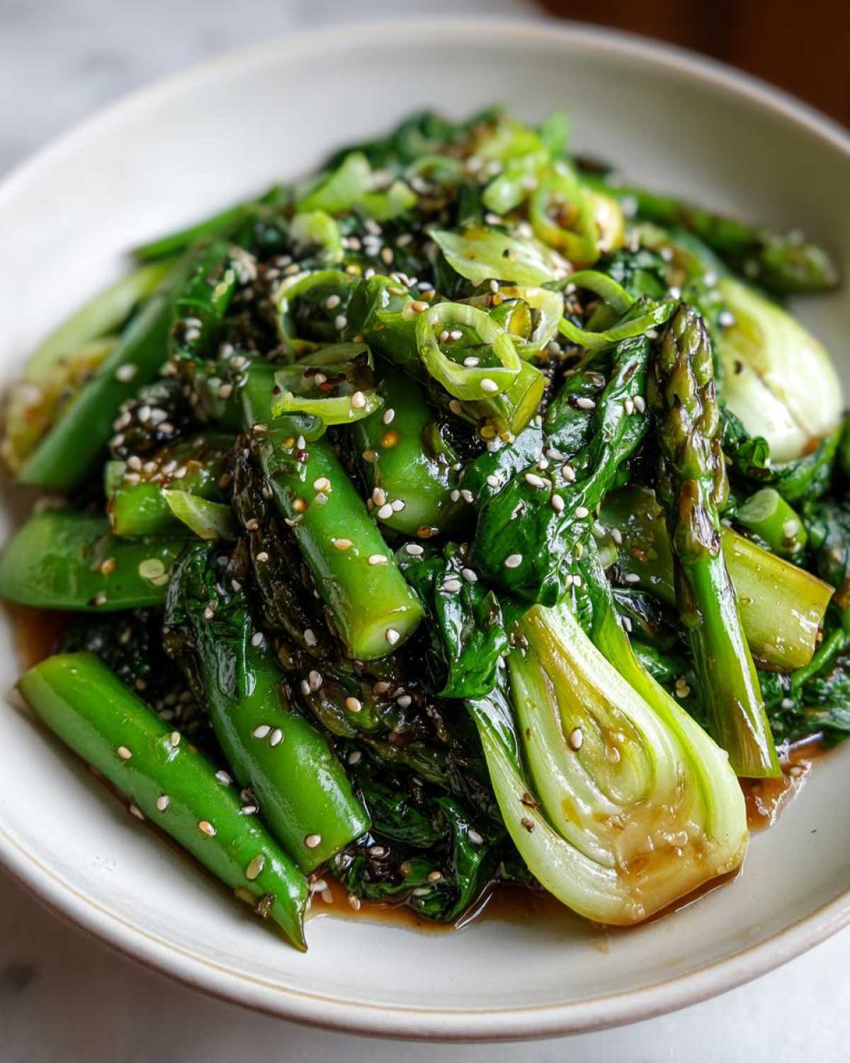 Close-up of a bright green Vegan Spring Vegetable Stir Fry featuring bok choy, asparagus, and snow peas, topped with sesame seeds.