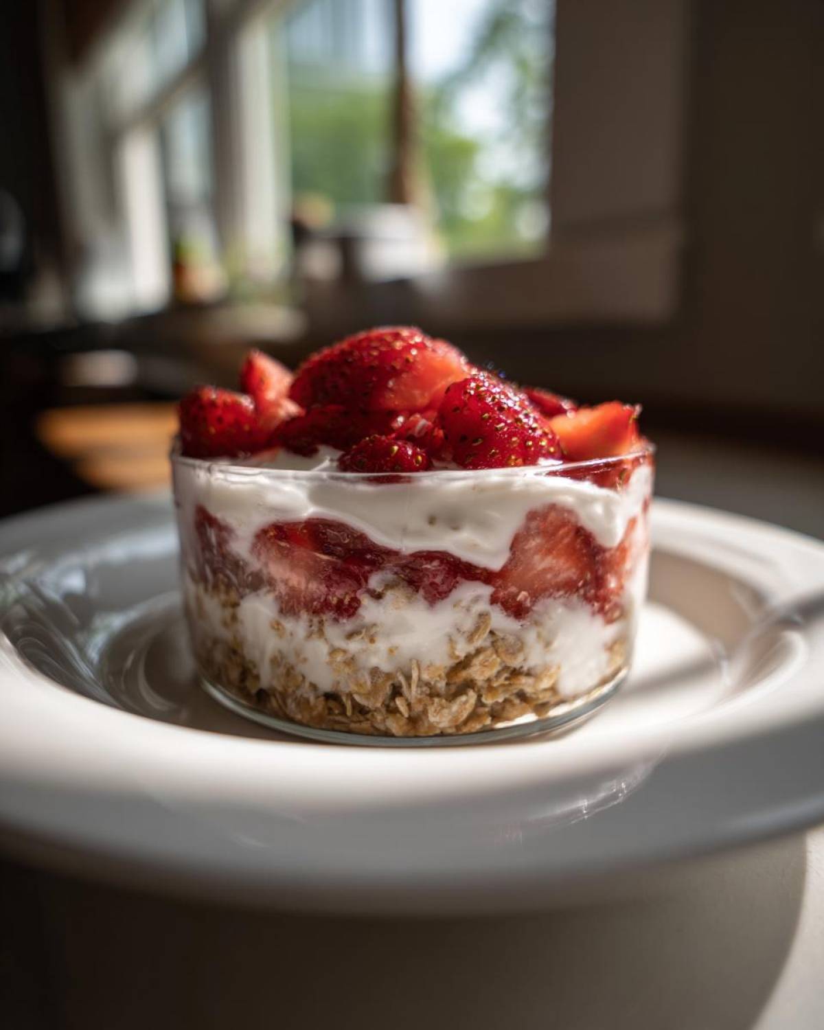 Close-up of Vegan Strawberry Cream Overnight Oats layered with oats, cream, and fresh strawberries in a glass.