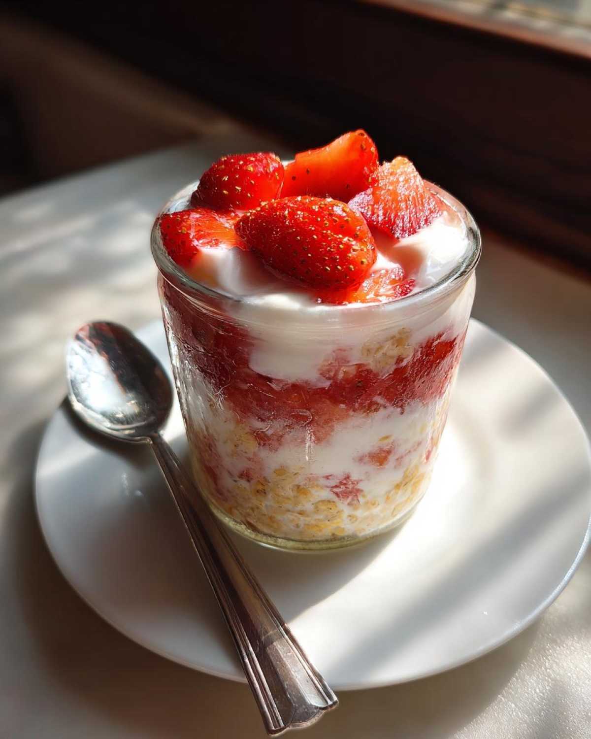 Close-up of Vegan Strawberry Cream Overnight Oats layered in a glass jar, topped with fresh strawberries.