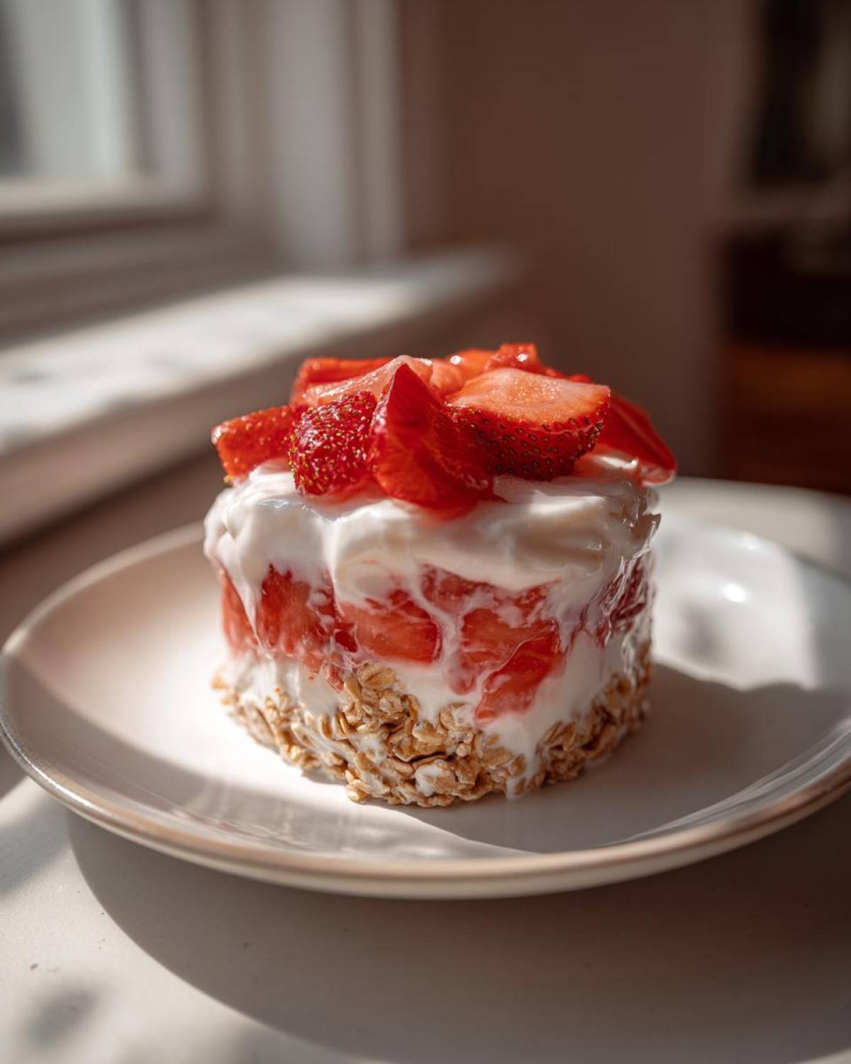 A molded serving of Vegan Strawberry Cream Overnight Oats layered with oats, strawberries, and cream.