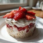 A perfectly molded serving of Vegan Strawberry Cream Overnight Oats topped with fresh sliced strawberries.