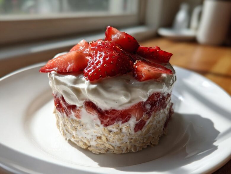 A perfectly molded serving of Vegan Strawberry Cream Overnight Oats topped with fresh sliced strawberries.