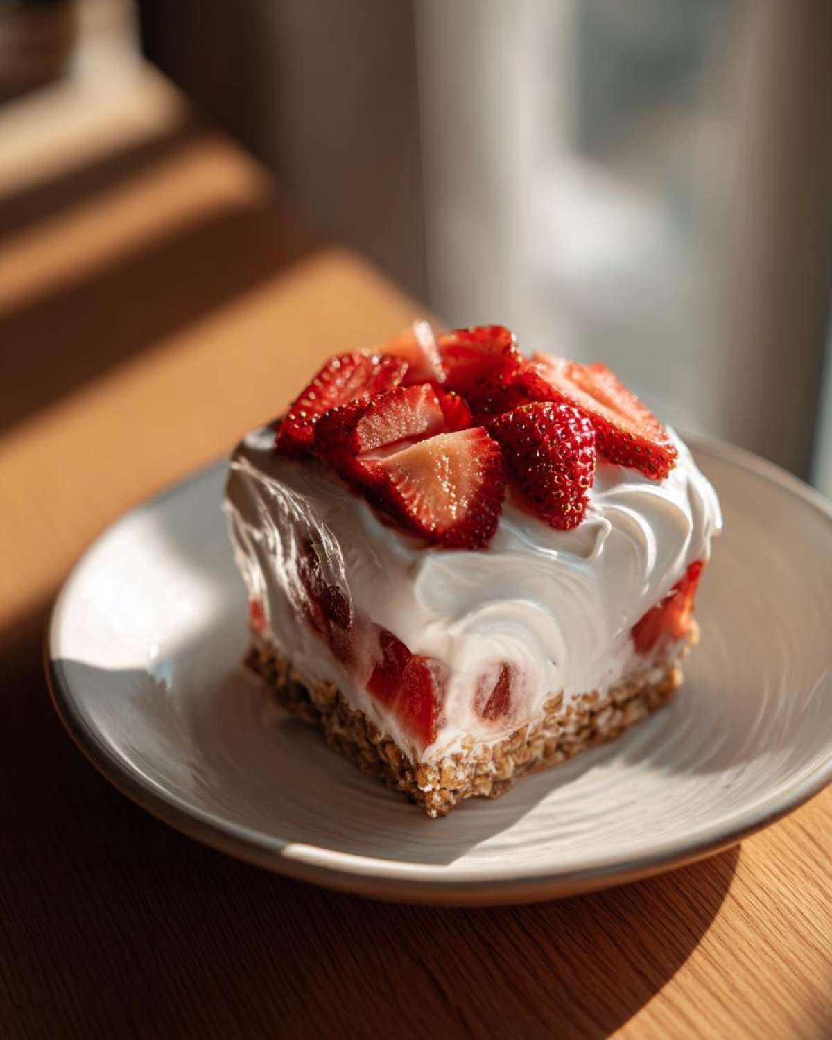 A square serving of Vegan Strawberry Cream Overnight Oats layered with a crust, creamy filling, and topped with fresh sliced strawberries.