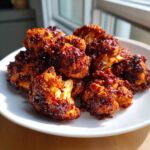 Close-up of crispy, saucy Air Fryer Crispy BBQ Cauliflower Bites piled on a white plate.