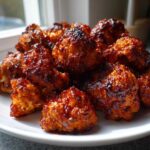 A pile of glossy, dark orange Air Fryer Crispy BBQ Cauliflower Bites served on a white plate near a window.