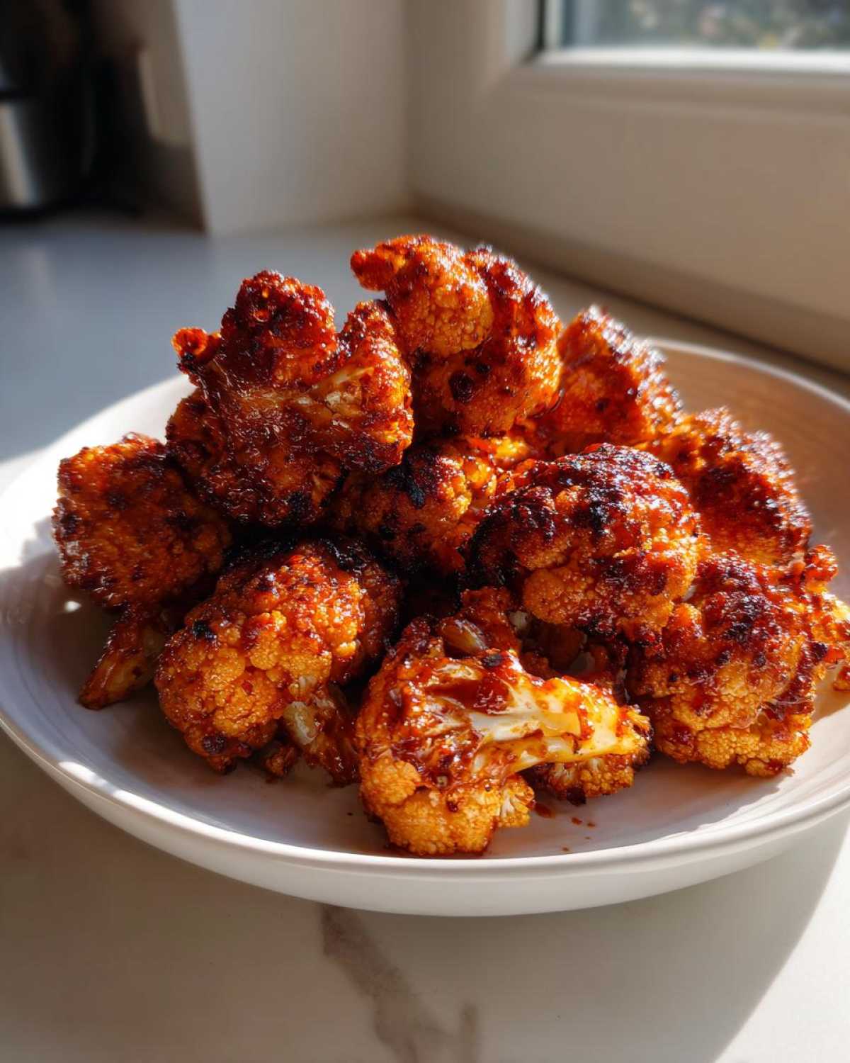 Close-up of a pile of Air Fryer Crispy BBQ Cauliflower Bites coated in a rich, dark sauce on a white plate.