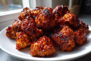 A pile of glossy, dark orange Air Fryer Crispy BBQ Cauliflower Bites served on a white plate near a window.