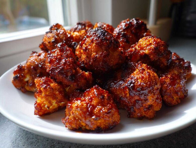 A pile of glossy, dark orange Air Fryer Crispy BBQ Cauliflower Bites served on a white plate near a window.