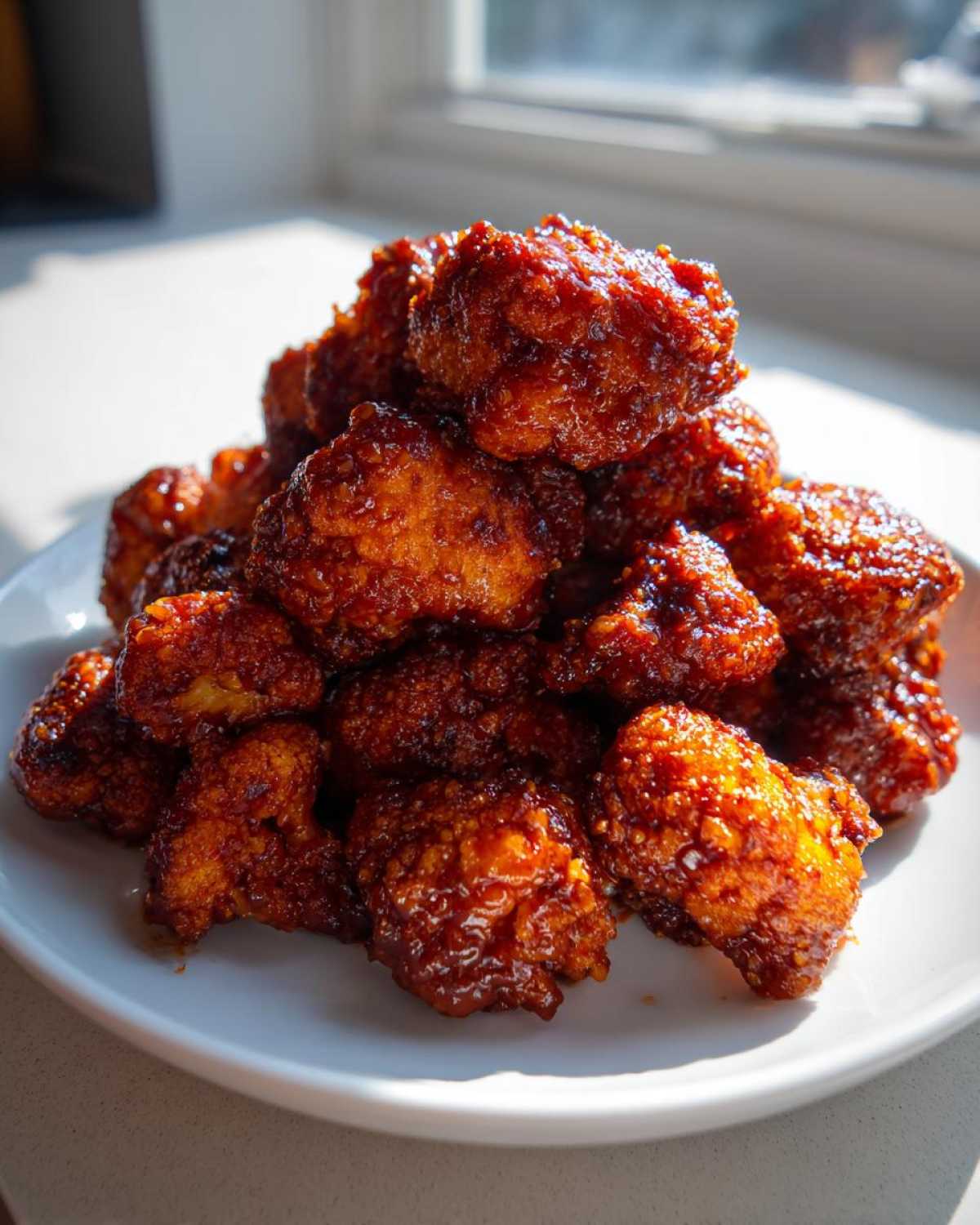 A mound of glossy, dark red Air Fryer Crispy BBQ Cauliflower Bites piled high on a white plate.