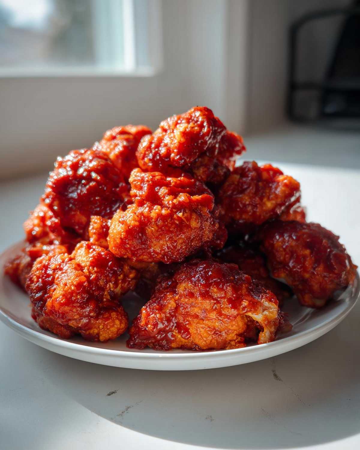 A close-up of a white plate piled high with glossy, bright red Air Fryer Crispy BBQ Cauliflower Bites.