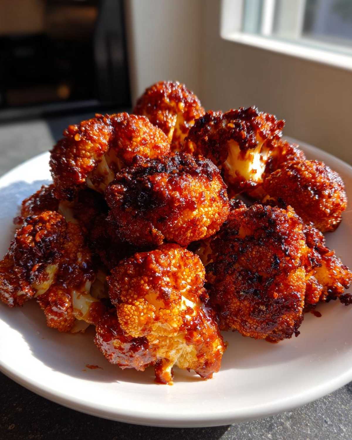 A pile of intensely caramelized Air Fryer Crispy BBQ Cauliflower Bites glistening on a white plate.