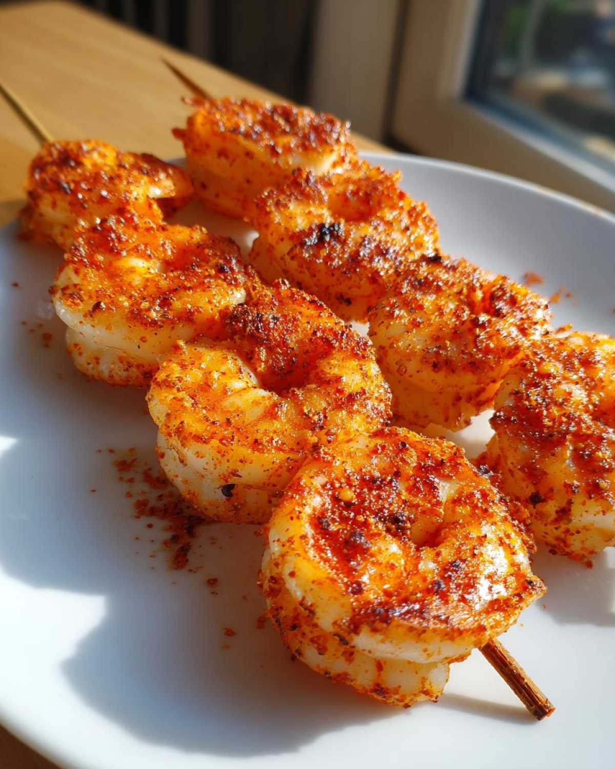 Close-up of perfectly cooked Air Fryer Crispy Cajun Shrimp Skewers on a white plate, showing vibrant seasoning.