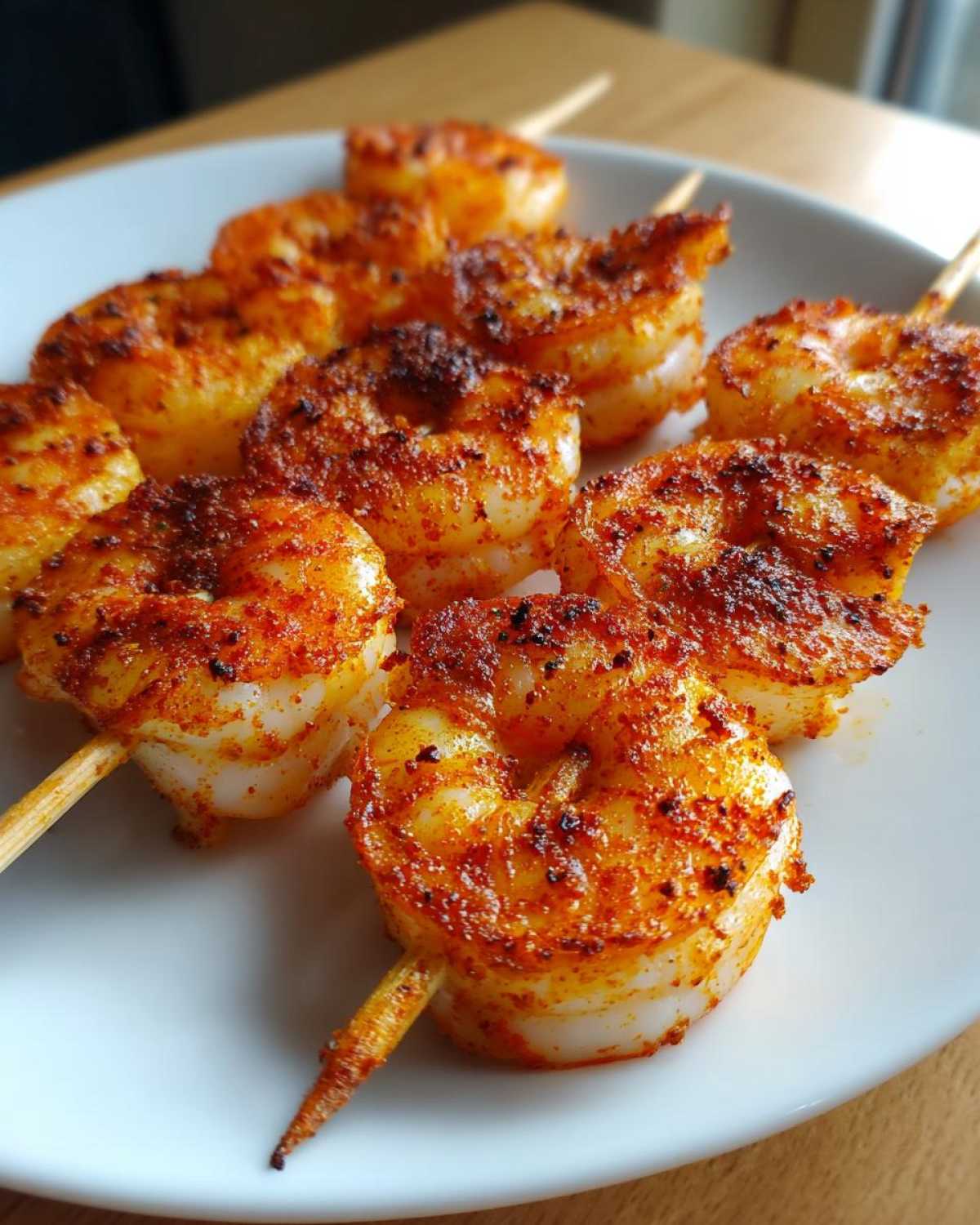 Close-up of perfectly cooked Air Fryer Crispy Cajun Shrimp Skewers seasoned with bright red spices, served on a white plate.