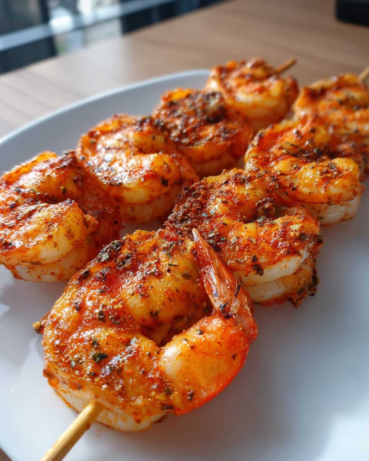 Close-up of perfectly cooked Air Fryer Crispy Cajun Shrimp Skewers seasoned with red spices on a white plate.