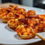 Close-up of Air Fryer Crispy Cajun Shrimp Skewers seasoned with bright red spices on a white plate.
