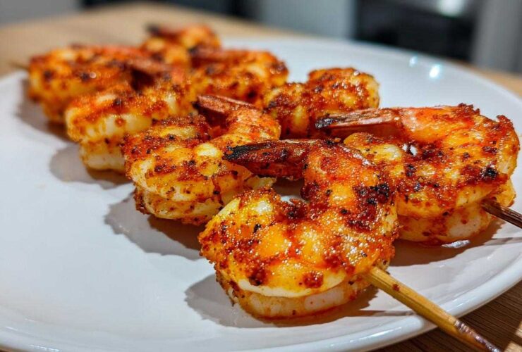 Close-up of Air Fryer Crispy Cajun Shrimp Skewers seasoned with bright red spices on a white plate.