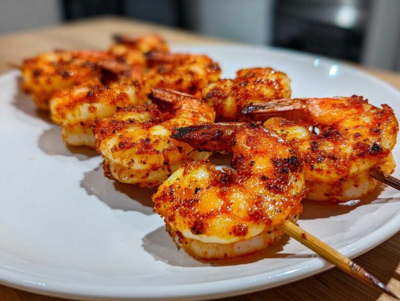 Close-up of Air Fryer Crispy Cajun Shrimp Skewers seasoned with bright red spices on a white plate.