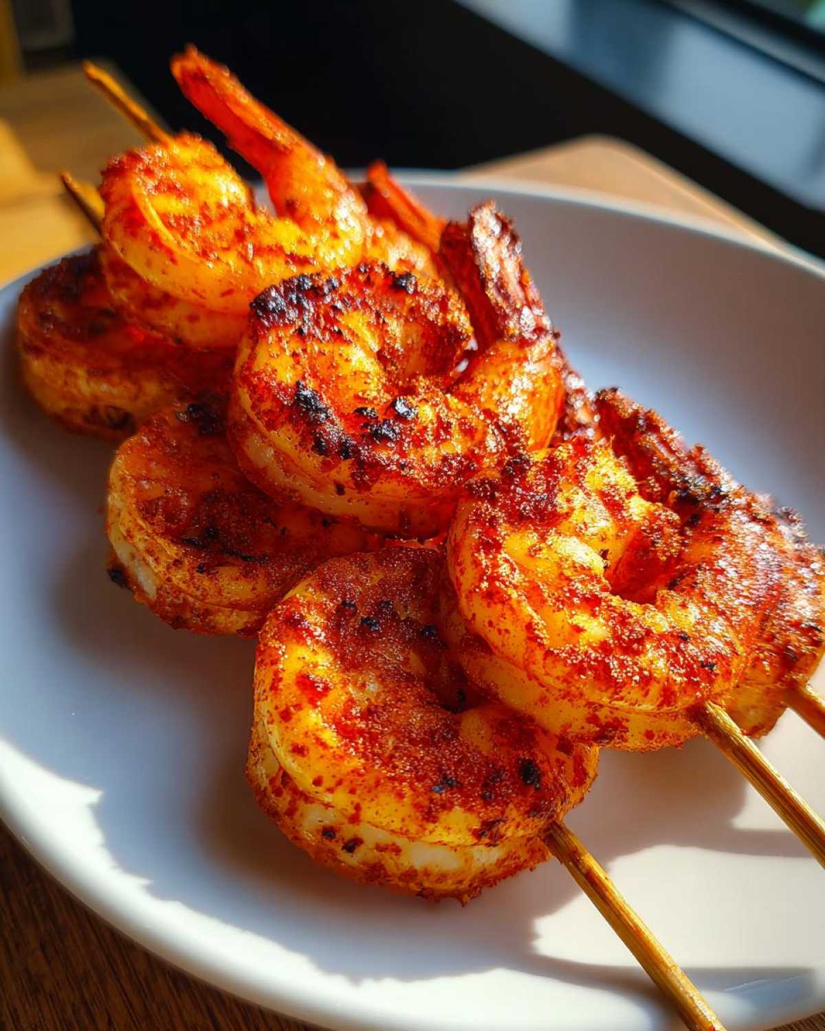 Close-up of Air Fryer Crispy Cajun Shrimp Skewers seasoned with bright red spices on wooden sticks.