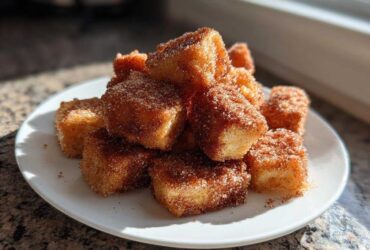 A pile of golden Air Fryer Crispy Cinnamon French Toast Bites coated heavily in cinnamon sugar on a white plate.
