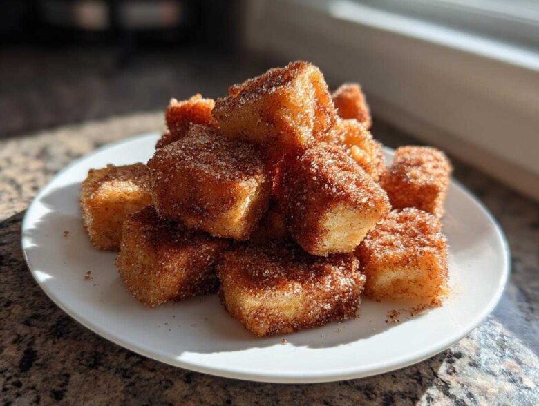 A pile of golden Air Fryer Crispy Cinnamon French Toast Bites coated heavily in cinnamon sugar on a white plate.