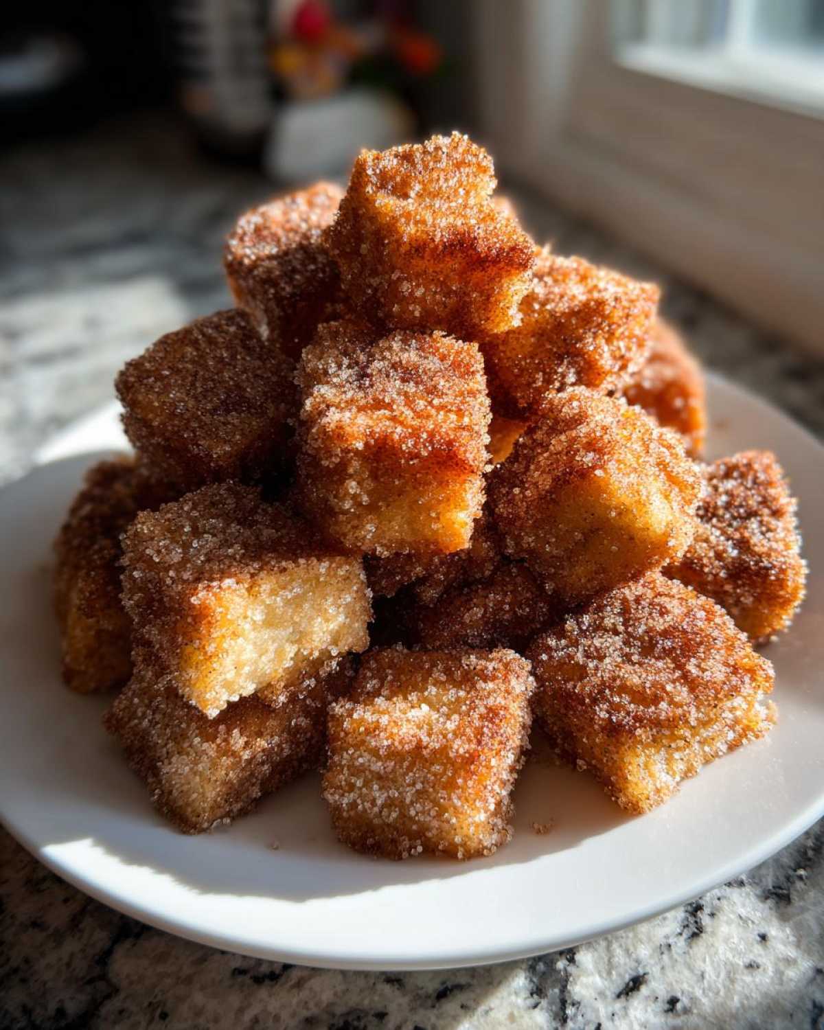 A mound of golden Air Fryer Crispy Cinnamon French Toast Bites generously coated in cinnamon sugar, served on a white plate.