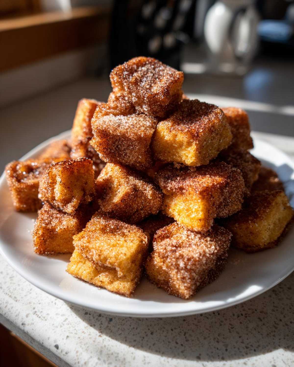 A tall pile of golden Air Fryer Crispy Cinnamon French Toast Bites coated heavily in cinnamon sugar, served on a white plate.