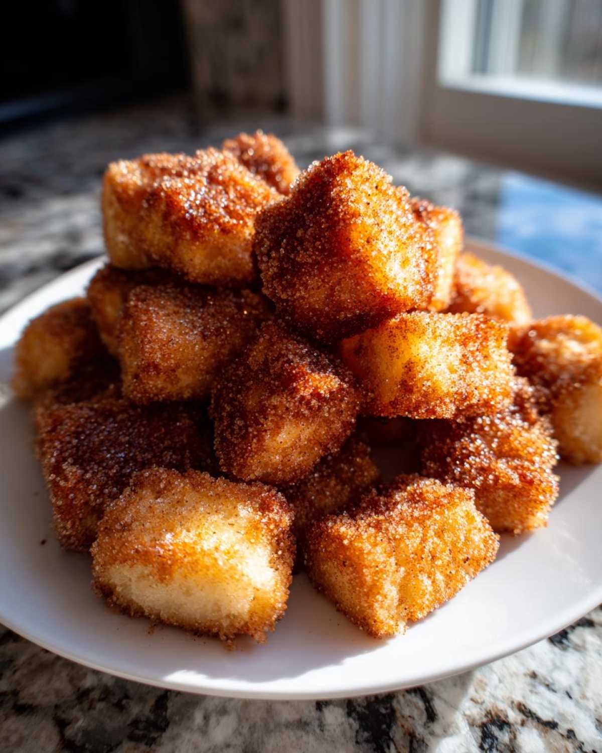 A pile of golden brown Air Fryer Crispy Cinnamon French Toast Bites coated heavily in cinnamon sugar on a white plate.