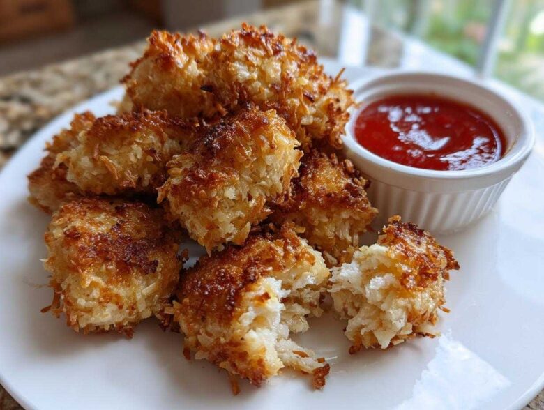 A serving of golden brown Air Fryer Crispy Coconut Chicken Bites on a white plate with a side of red dipping sauce.