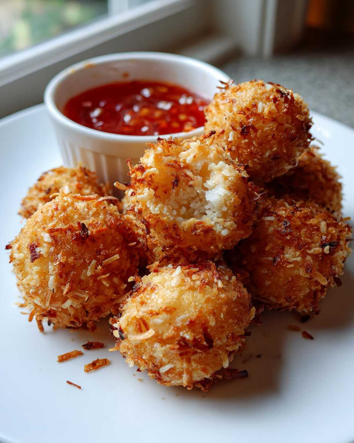 A pile of golden brown Air Fryer Crispy Coconut Chicken Bites served with sweet chili dipping sauce.