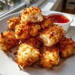 A pile of golden brown Air Fryer Crispy Coconut Chicken Bites served with sweet chili dipping sauce.