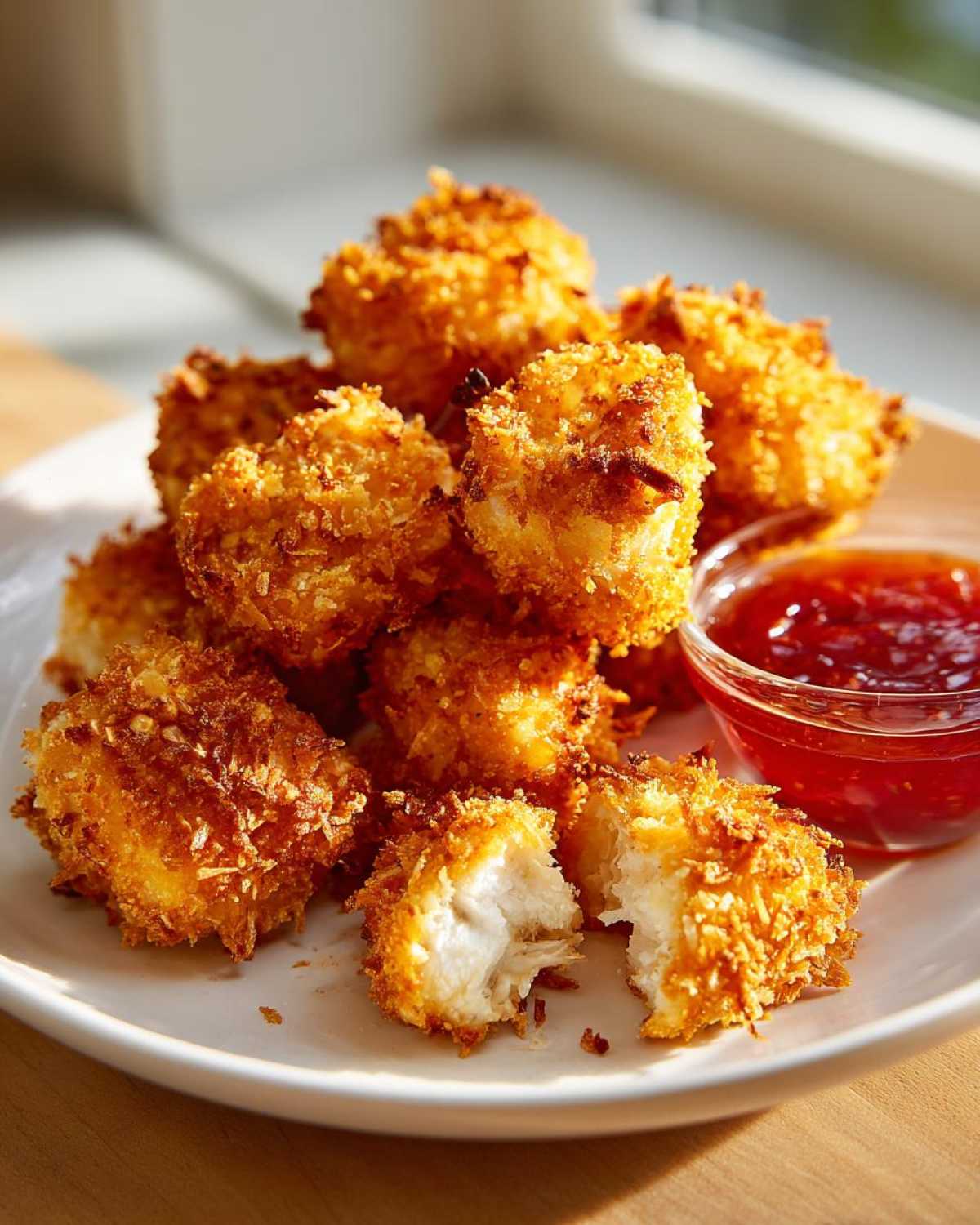 A pile of golden brown Air Fryer Crispy Coconut Chicken Bites served with sweet chili dipping sauce.