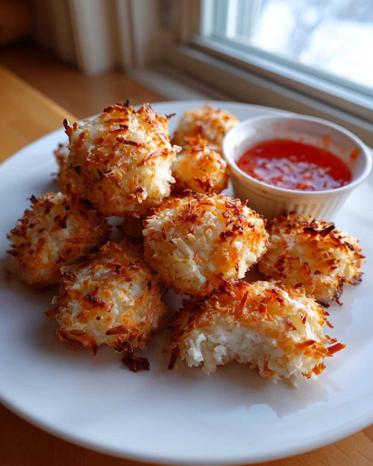 Plate of golden brown Air Fryer Crispy Coconut Chicken Bites served with a side of sweet chili dipping sauce.