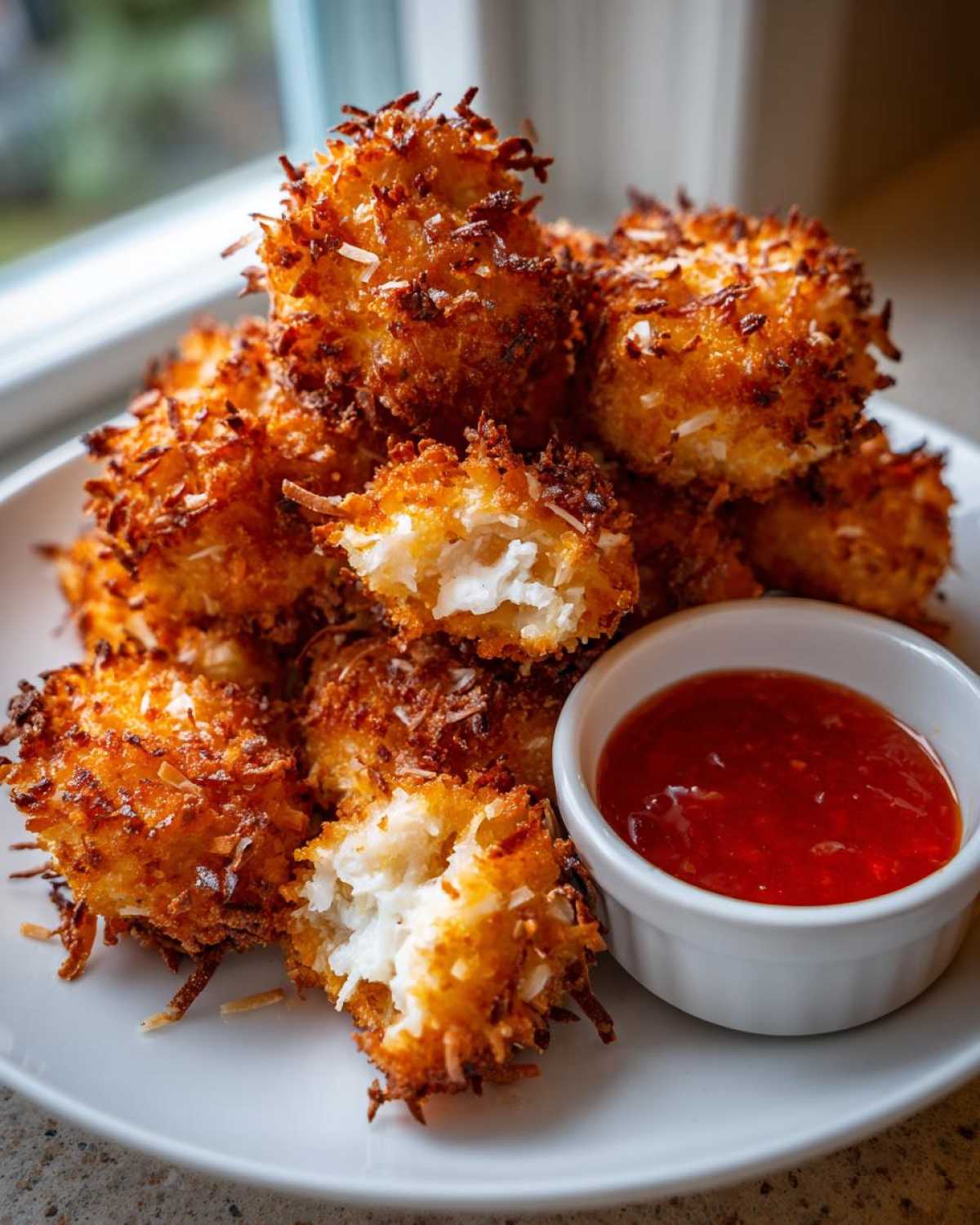 A stack of golden brown Air Fryer Crispy Coconut Chicken Bites served with a side of sweet chili dipping sauce.