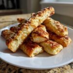 A pile of golden brown Air Fryer Crispy Garlic Breadsticks topped with melted cheese and herbs, served on a white plate.
