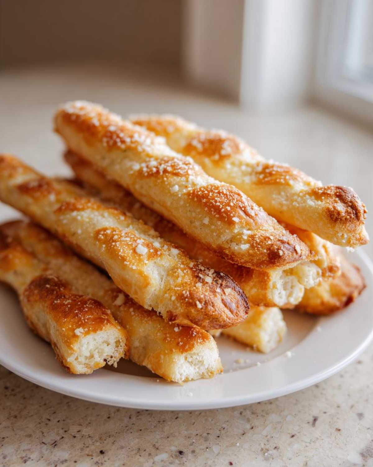 A stack of golden brown Air Fryer Crispy Garlic Breadsticks topped with grated Parmesan cheese on a white plate.