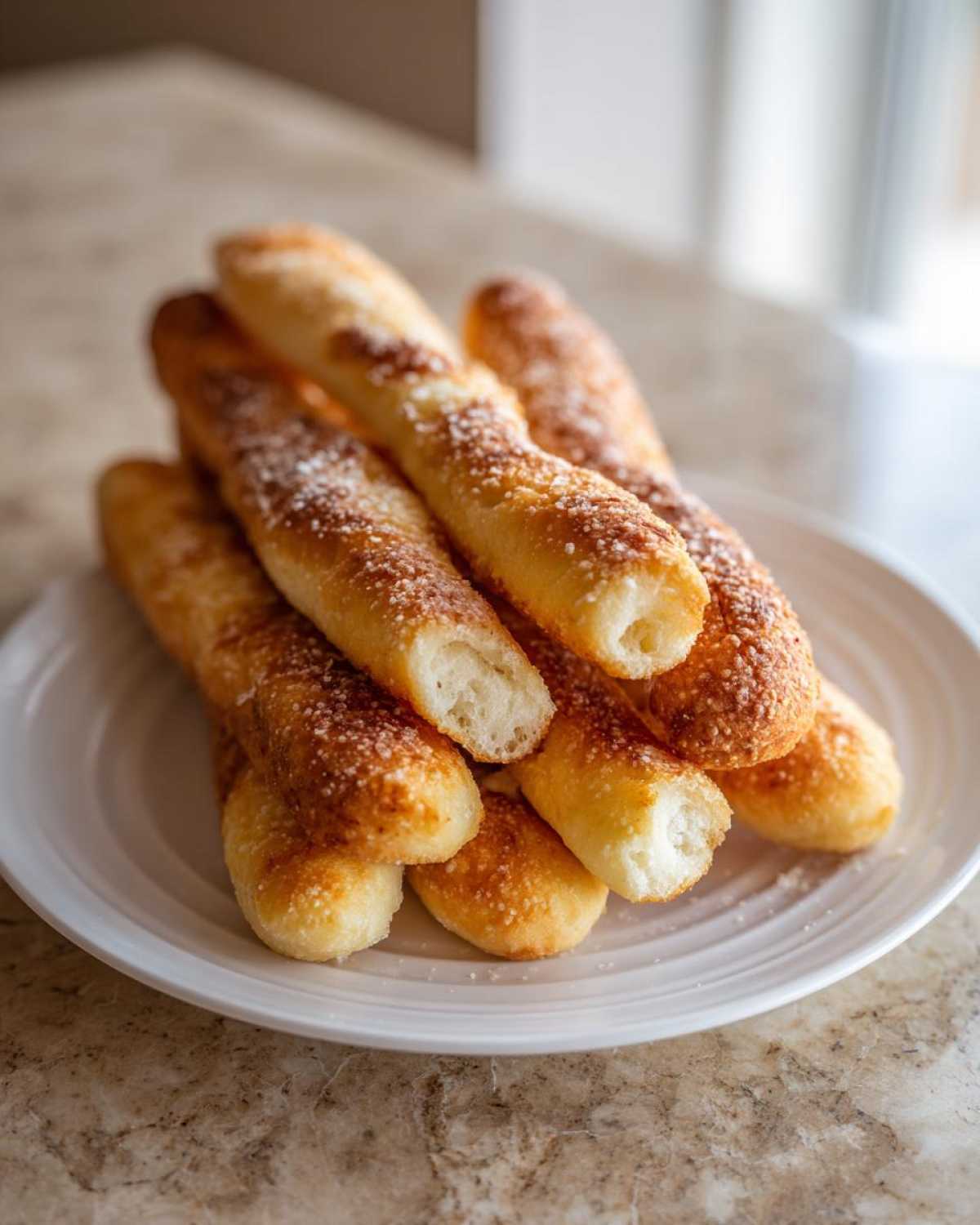 A stack of golden brown Air Fryer Crispy Garlic Breadsticks sprinkled with Parmesan cheese on a white plate.