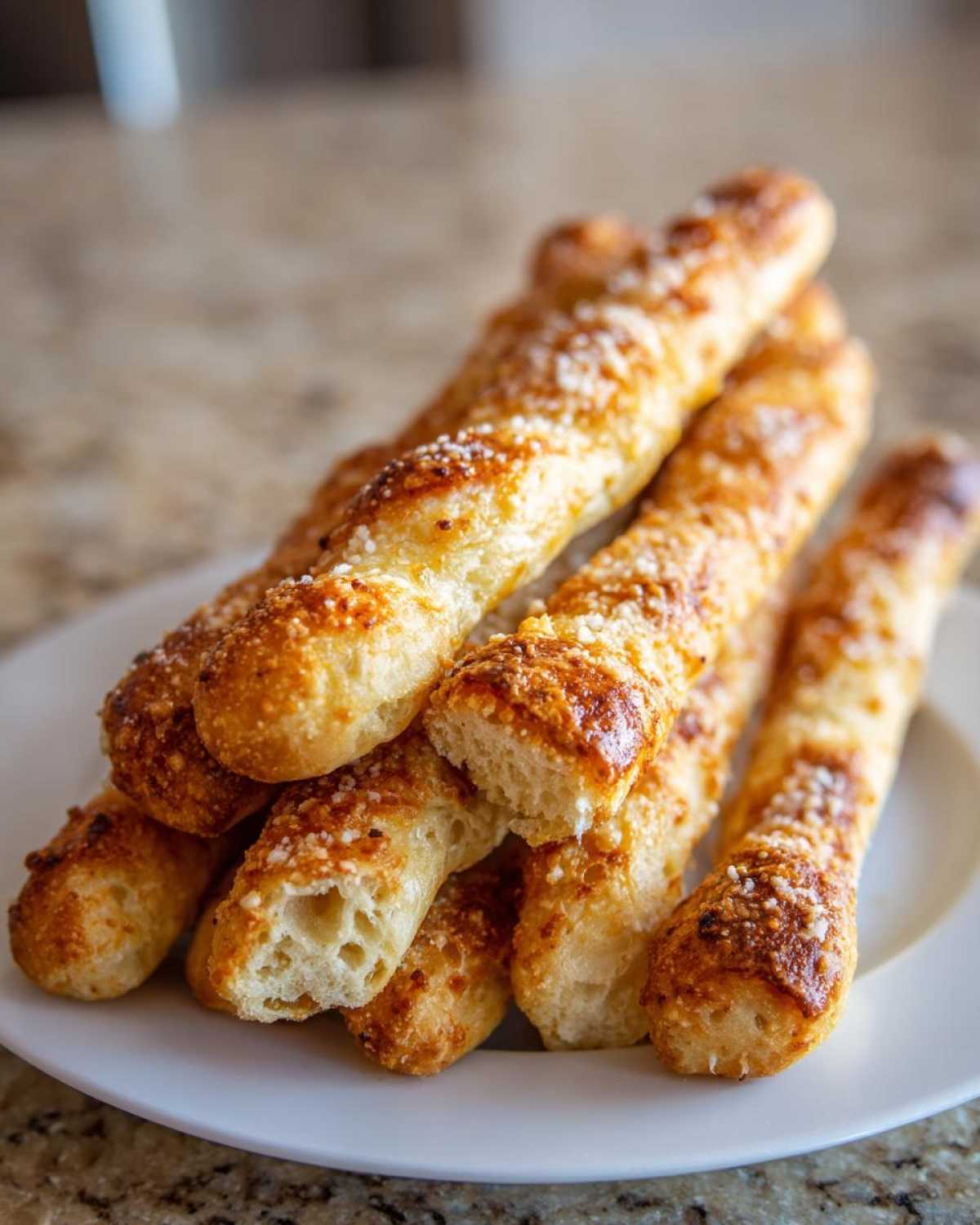 A stack of golden brown Air Fryer Crispy Garlic Breadsticks topped with grated cheese, served on a white plate.