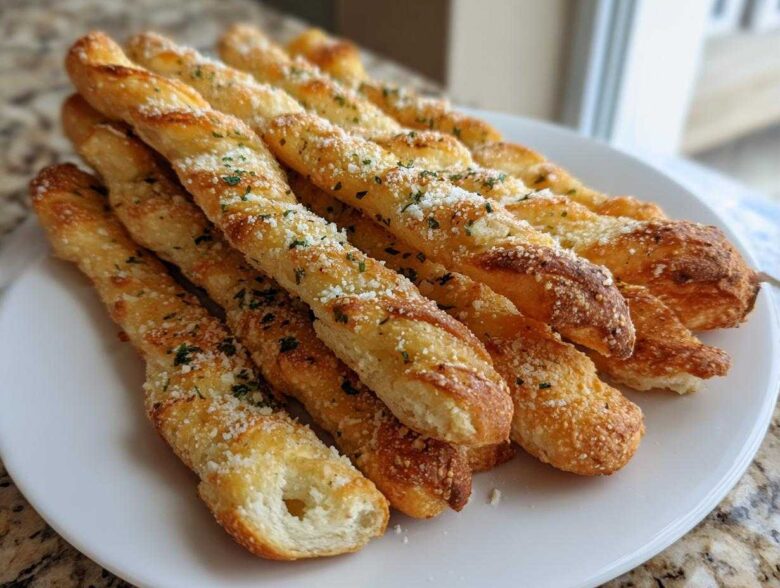 A stack of golden, twisted Air Fryer Crispy Garlic Breadsticks topped with grated Parmesan and parsley on a white plate.