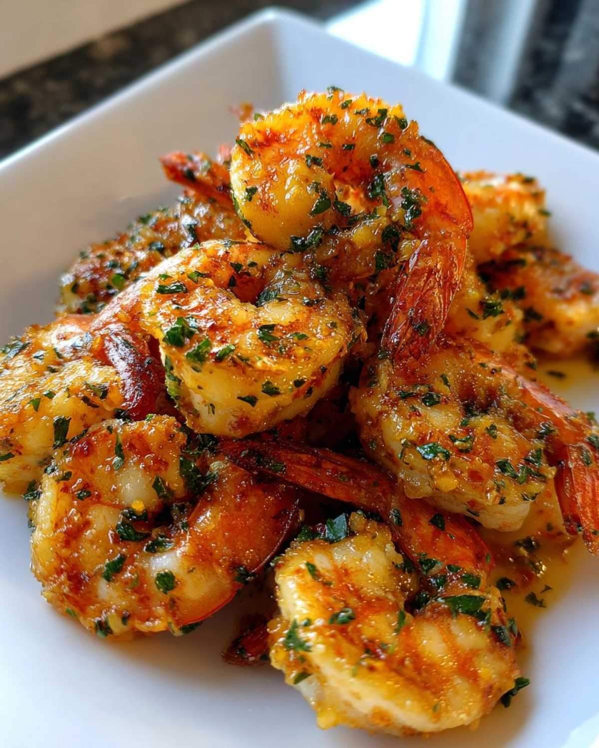 Close-up of perfectly cooked Air Fryer Crispy Garlic Butter Shrimp coated in butter sauce and fresh parsley.