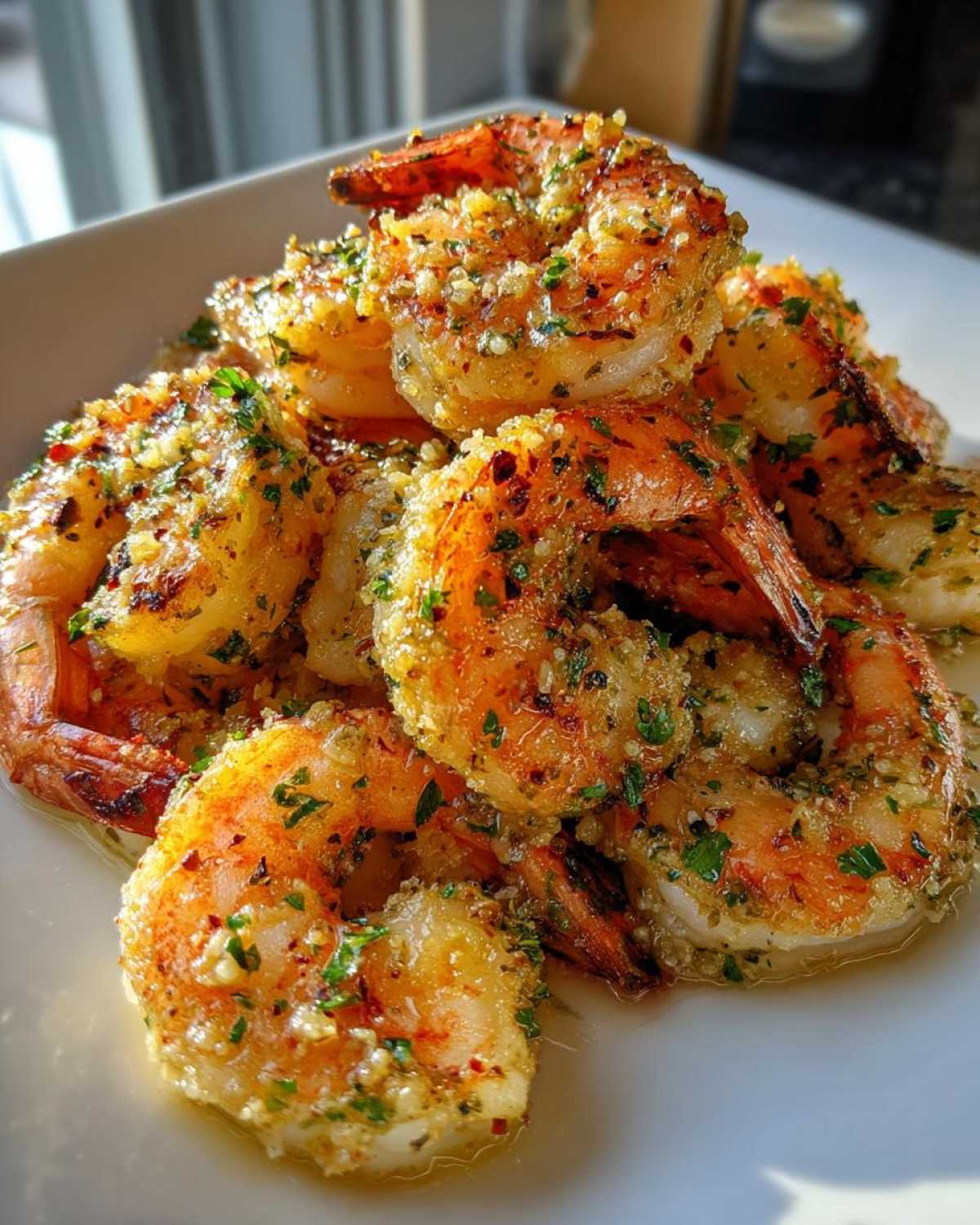 A close-up of perfectly cooked Air Fryer Crispy Garlic Butter Shrimp piled on a white plate, glistening with butter and herbs.