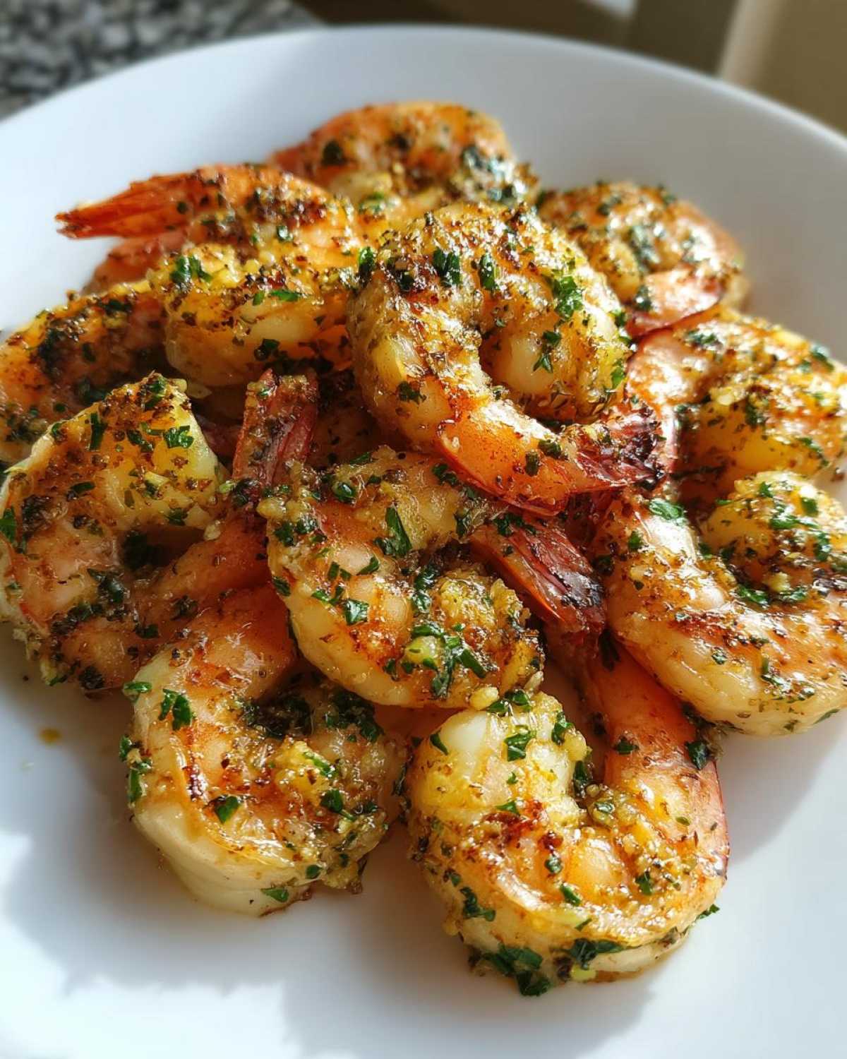 Close-up of perfectly cooked Air Fryer Crispy Garlic Butter Shrimp seasoned with herbs on a white plate.