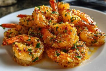 Close-up of a pile of Air Fryer Crispy Garlic Butter Shrimp coated in garlic, butter, and parsley.