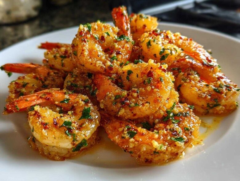 Close-up of a pile of Air Fryer Crispy Garlic Butter Shrimp coated in garlic, butter, and parsley.