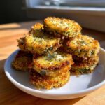 A stack of golden brown Air Fryer Crispy Garlic Dill Pickles, topped with visible dill seasoning, served on a white plate.