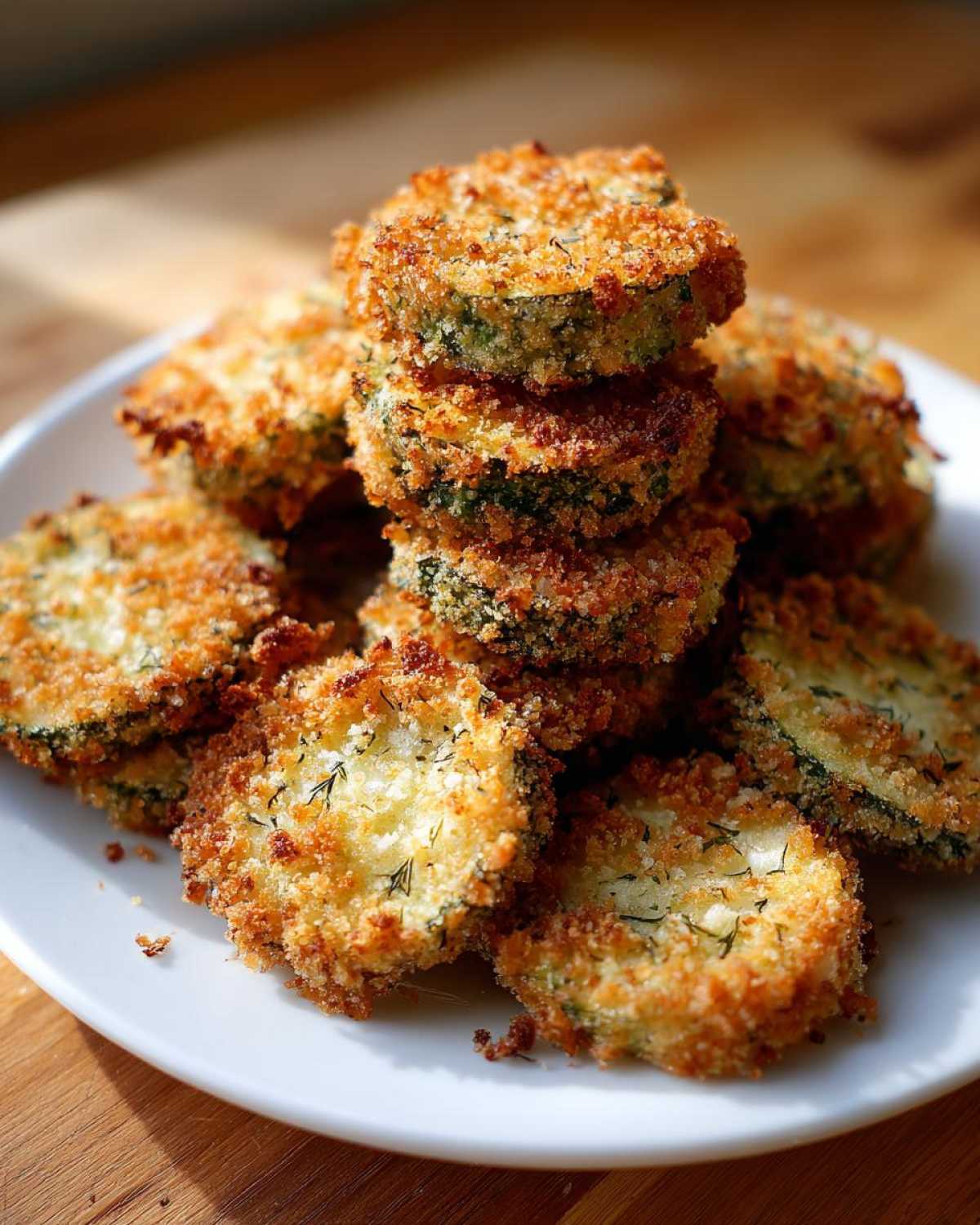 A stack of golden brown Air Fryer Crispy Garlic Dill Pickles, showing breading and flecks of dill, served on a white plate.