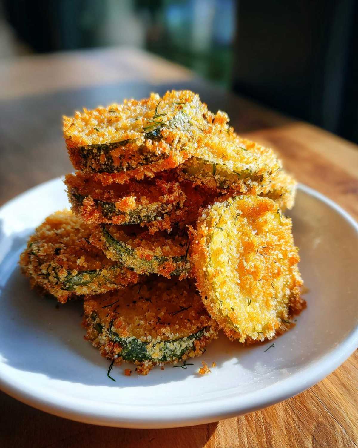 A stack of golden brown Air Fryer Crispy Garlic Dill Pickles slices seasoned with dill on a white plate.