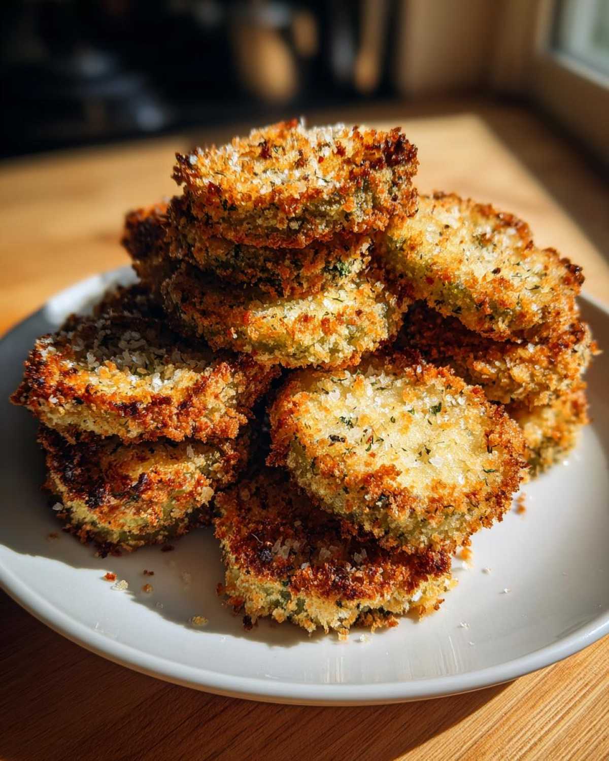 A stack of golden brown Air Fryer Crispy Garlic Dill Pickles sprinkled with coarse salt on a white plate.