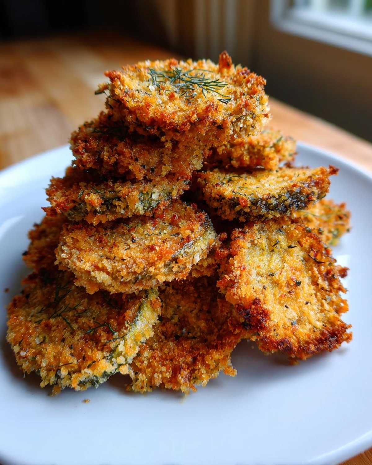 A stack of golden brown Air Fryer Crispy Garlic Dill Pickles garnished with fresh dill on a white plate.